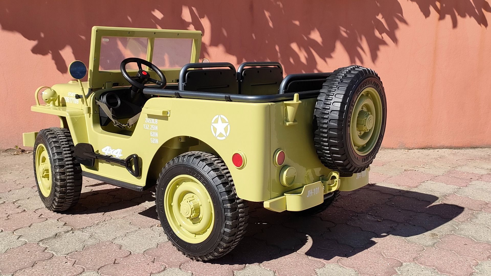 RIRICAR 4x4 Kinder Elektroauto 12V USA Army, 3 sitzer, Elektroauto für Kinder mit 2,4GHz Fernbedienung, MP3/USB/SD, Elektrofahrzeug Kinder ab 3-8 Jahre