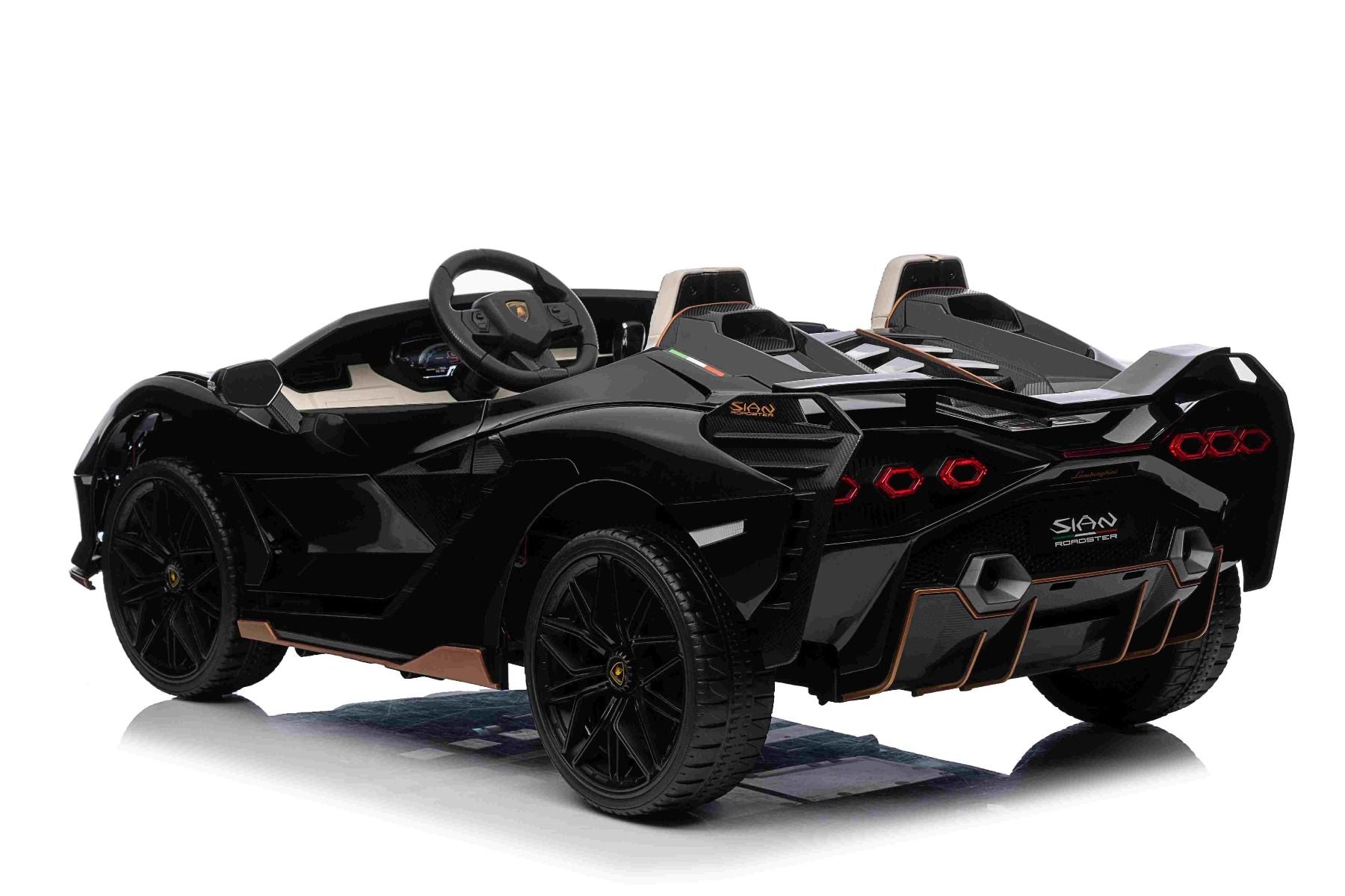 Elektro-Rutschauto Lamborghini Sian 4X4, schwarz, 12 V, 2,4 GHz-Fernbedienung, USB-/AUX-Eingang, Bluetooth, Federung, vertikal öffnende Türen, weiche EVA-Räder, LED-Leuchten, ORIGINAL-Lizenz