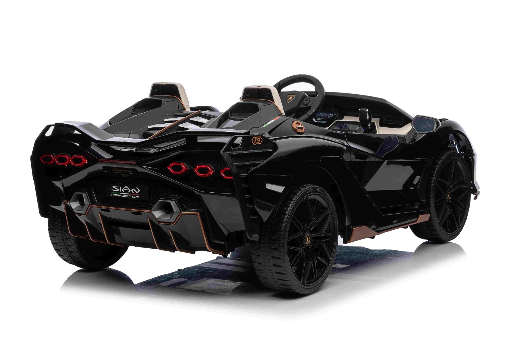 Elektro-Rutschauto Lamborghini Sian 4X4, schwarz, 12 V, 2,4 GHz-Fernbedienung, USB-/AUX-Eingang, Bluetooth, Federung, vertikal öffnende Türen, weiche EVA-Räder, LED-Leuchten, ORIGINAL-Lizenz