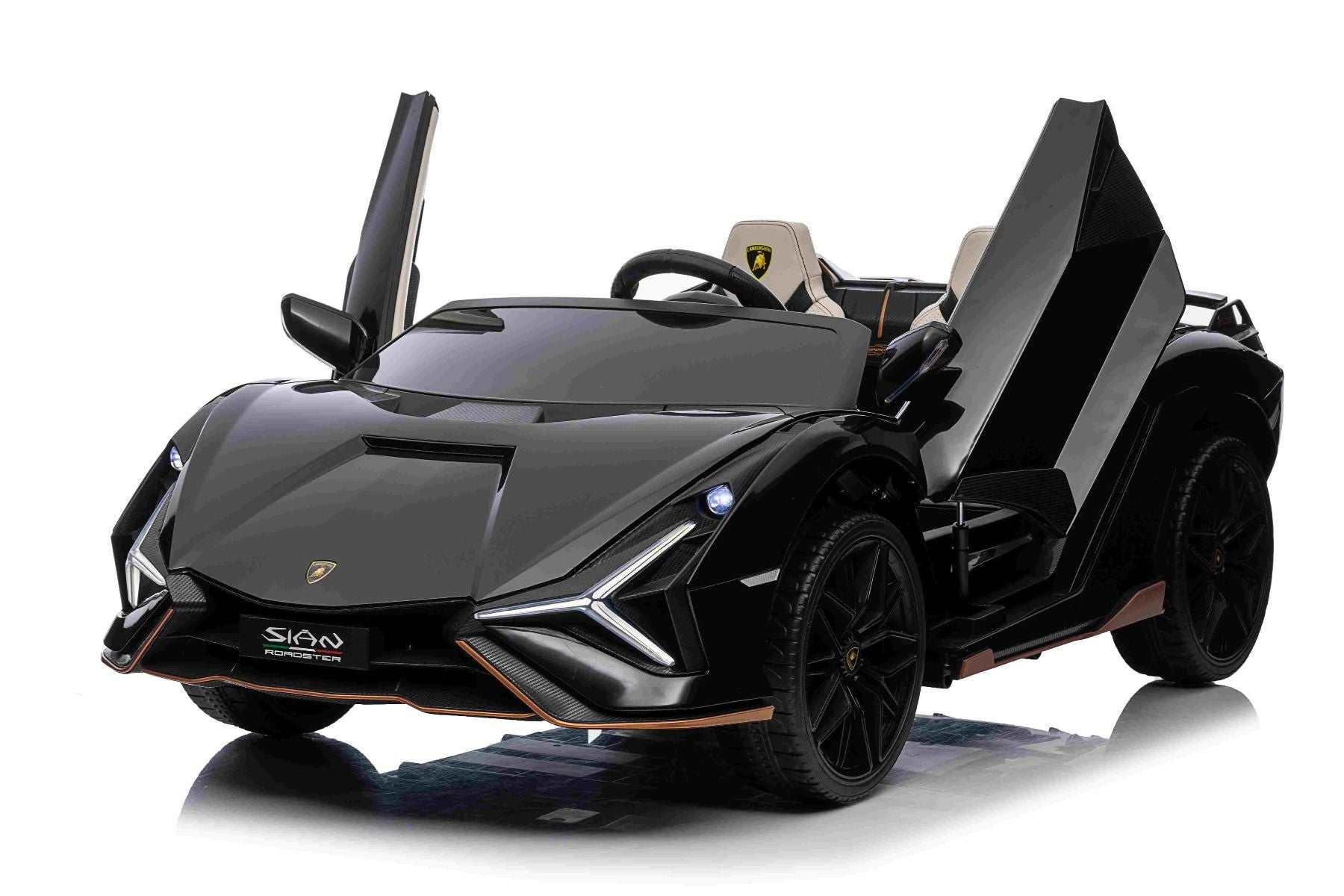 Elektro-Rutschauto Lamborghini Sian 4X4, schwarz, 12 V, 2,4 GHz-Fernbedienung, USB-/AUX-Eingang, Bluetooth, Federung, vertikal öffnende Türen, weiche EVA-Räder, LED-Leuchten, ORIGINAL-Lizenz
