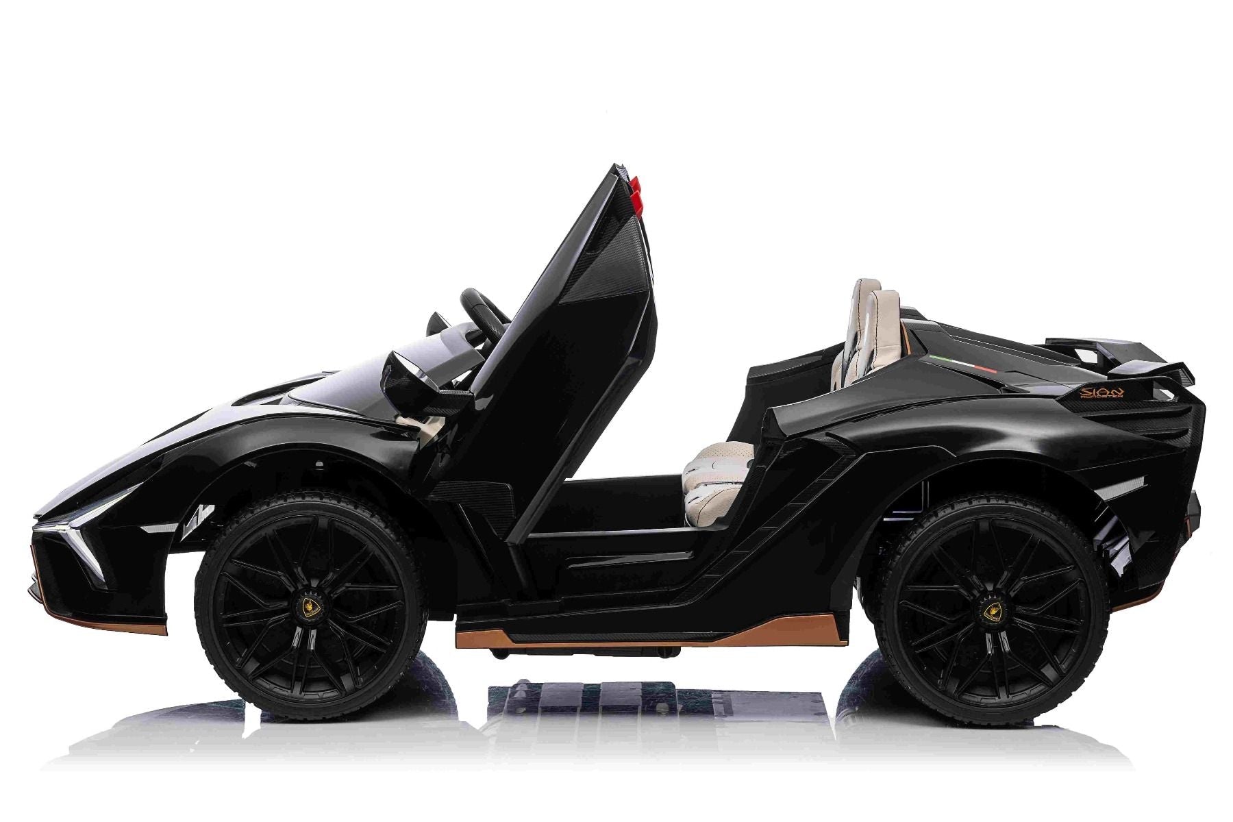 Elektro-Rutschauto Lamborghini Sian 4X4, schwarz, 12 V, 2,4 GHz-Fernbedienung, USB-/AUX-Eingang, Bluetooth, Federung, vertikal öffnende Türen, weiche EVA-Räder, LED-Leuchten, ORIGINAL-Lizenz