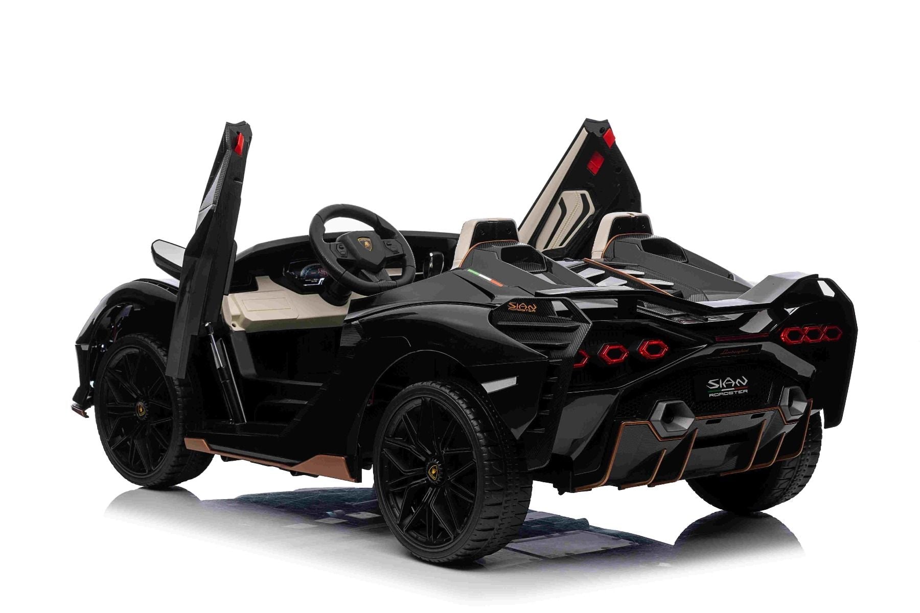 Elektro-Rutschauto Lamborghini Sian 4X4, schwarz, 12 V, 2,4 GHz-Fernbedienung, USB-/AUX-Eingang, Bluetooth, Federung, vertikal öffnende Türen, weiche EVA-Räder, LED-Leuchten, ORIGINAL-Lizenz