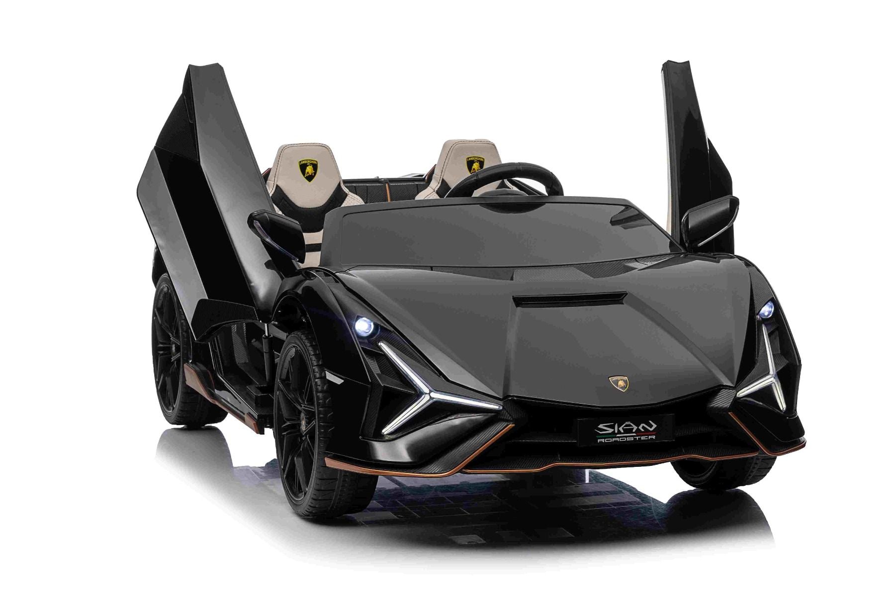 Elektro-Rutschauto Lamborghini Sian 4X4, schwarz, 12 V, 2,4 GHz-Fernbedienung, USB-/AUX-Eingang, Bluetooth, Federung, vertikal öffnende Türen, weiche EVA-Räder, LED-Leuchten, ORIGINAL-Lizenz