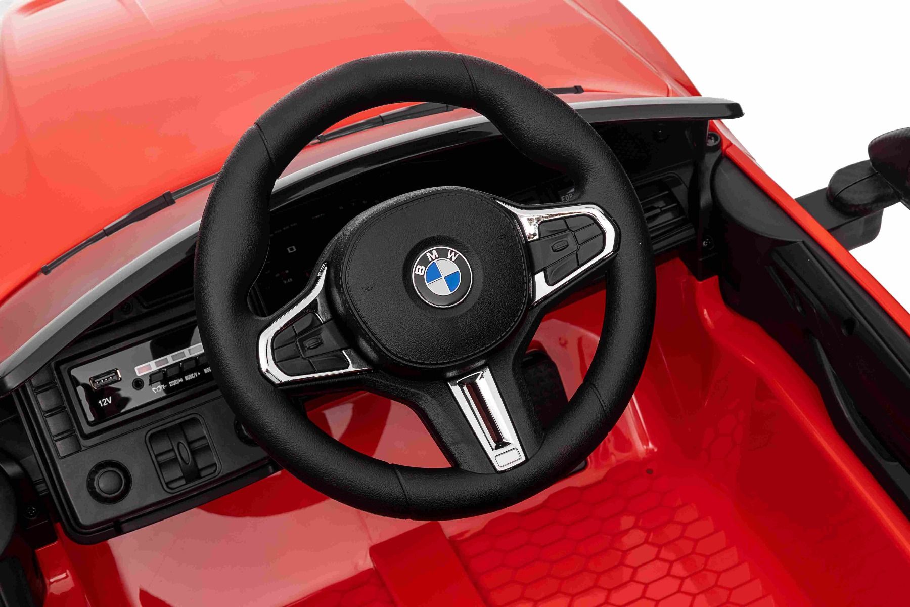 Elektro-Rutschauto BMW M4, rot, 2,4-GHz-Fernbedienung, USB-/Aux-Eingang, Federung, 12-V-Batterie, LED-Leuchten, 2 x Motor, ORIGINAL-Lizenz