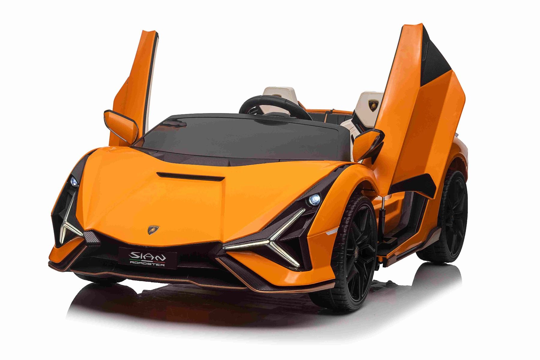 Elektro-Rutschauto Lamborghini Sian 4X4, orange, 12 V, 2,4 GHz-Fernbedienung, USB-/AUX-Eingang, Bluetooth, Federung, vertikal öffnende Türen, weiche EVA-Räder, LED-Leuchten, ORIGINAL-Lizenz