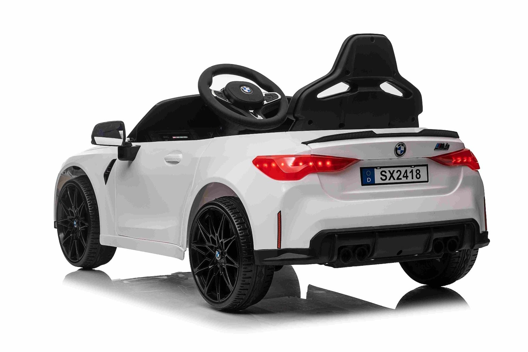 Elektro-Rutschauto BMW M4, weiß, 2,4-GHz-Fernbedienung, USB-/Aux-Eingang, Federung, 12-V-Batterie, LED-Leuchten, 2 x Motor, ORIGINAL-Lizenz