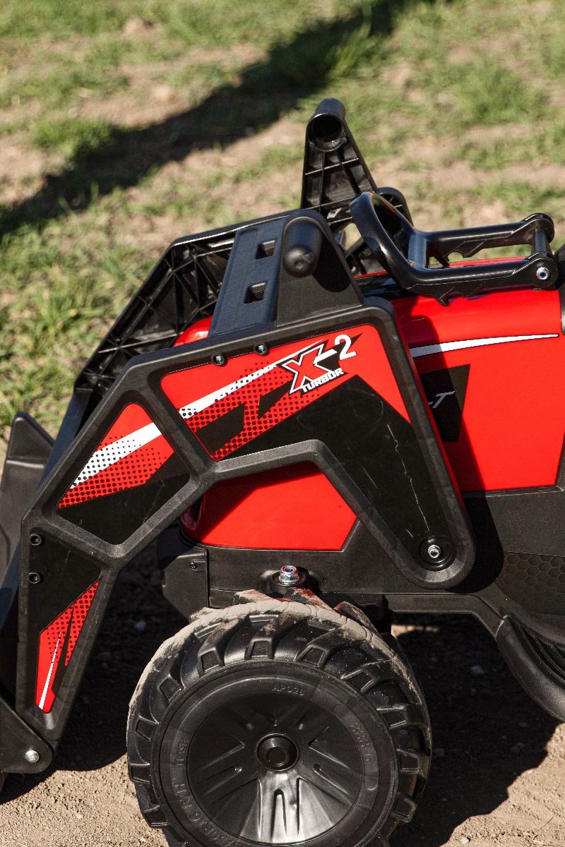 Elektrischer Traktor TOP-WORKER 12V mit Front-/Hecklader und Anhänger, Einsitzer, rot, 2,4-GHz-Fernbedienung, weicher PU-Sitz, MP3-Player mit USB-Eingang, Hinterradantrieb, 2 x 45W Motor, EVA-Räder, 12V / 10Ah Akku