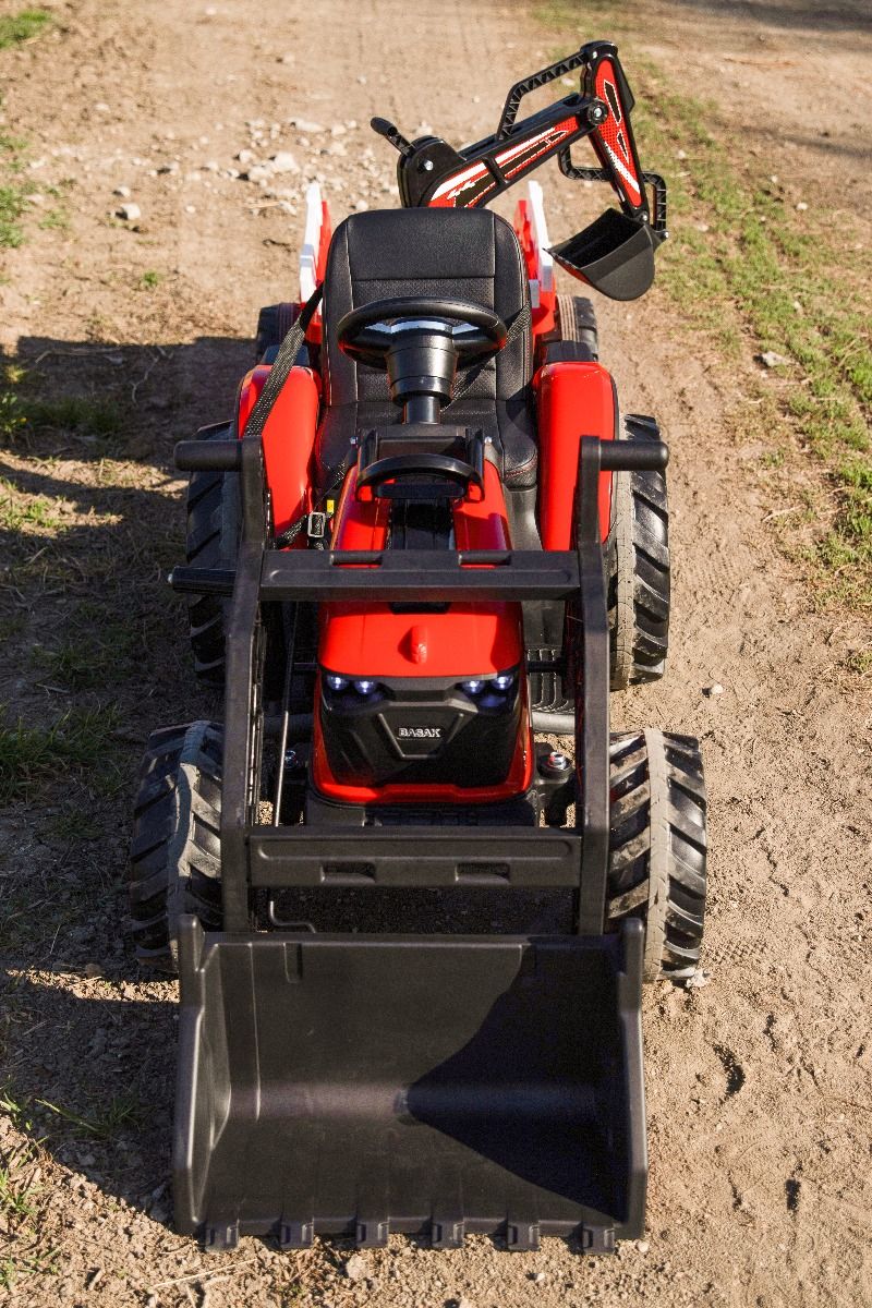 Elektrischer Traktor TOP-WORKER 12V mit Front-/Hecklader und Anhänger, Einsitzer, rot, 2,4-GHz-Fernbedienung, weicher PU-Sitz, MP3-Player mit USB-Eingang, Hinterradantrieb, 2 x 45W Motor, EVA-Räder, 12V / 10Ah Akku