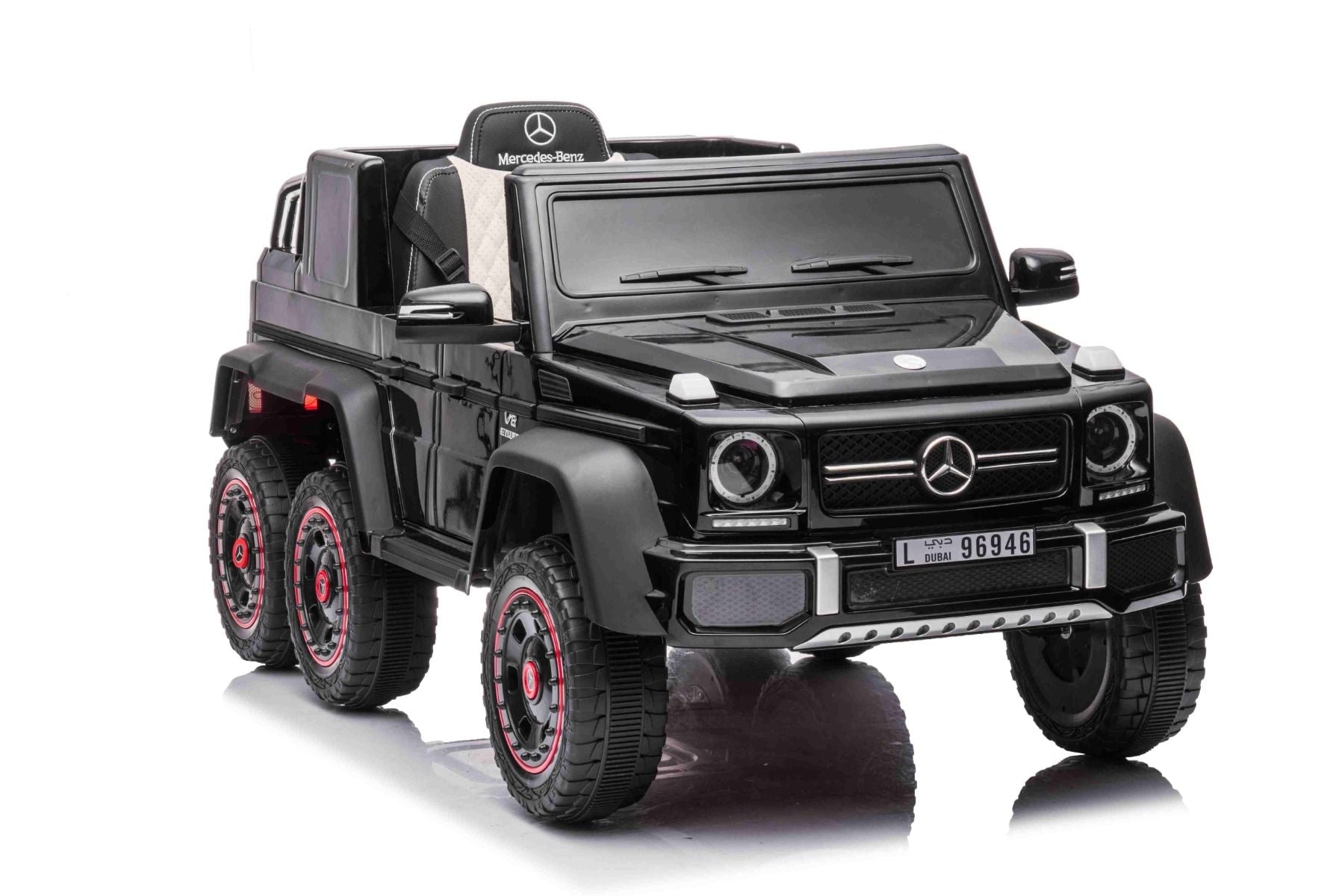 Elektro-Rutschauto Mercedes-Benz G63 AMG 6X6, Einsitzer, schwarz, 6 Räder mit Einzelradaufhängung, Antrieb 2 x 45-W-Motoren, 12V10AH-Batterie, Kunststoffräder und -sitz, Fernbedienung, lizenziert