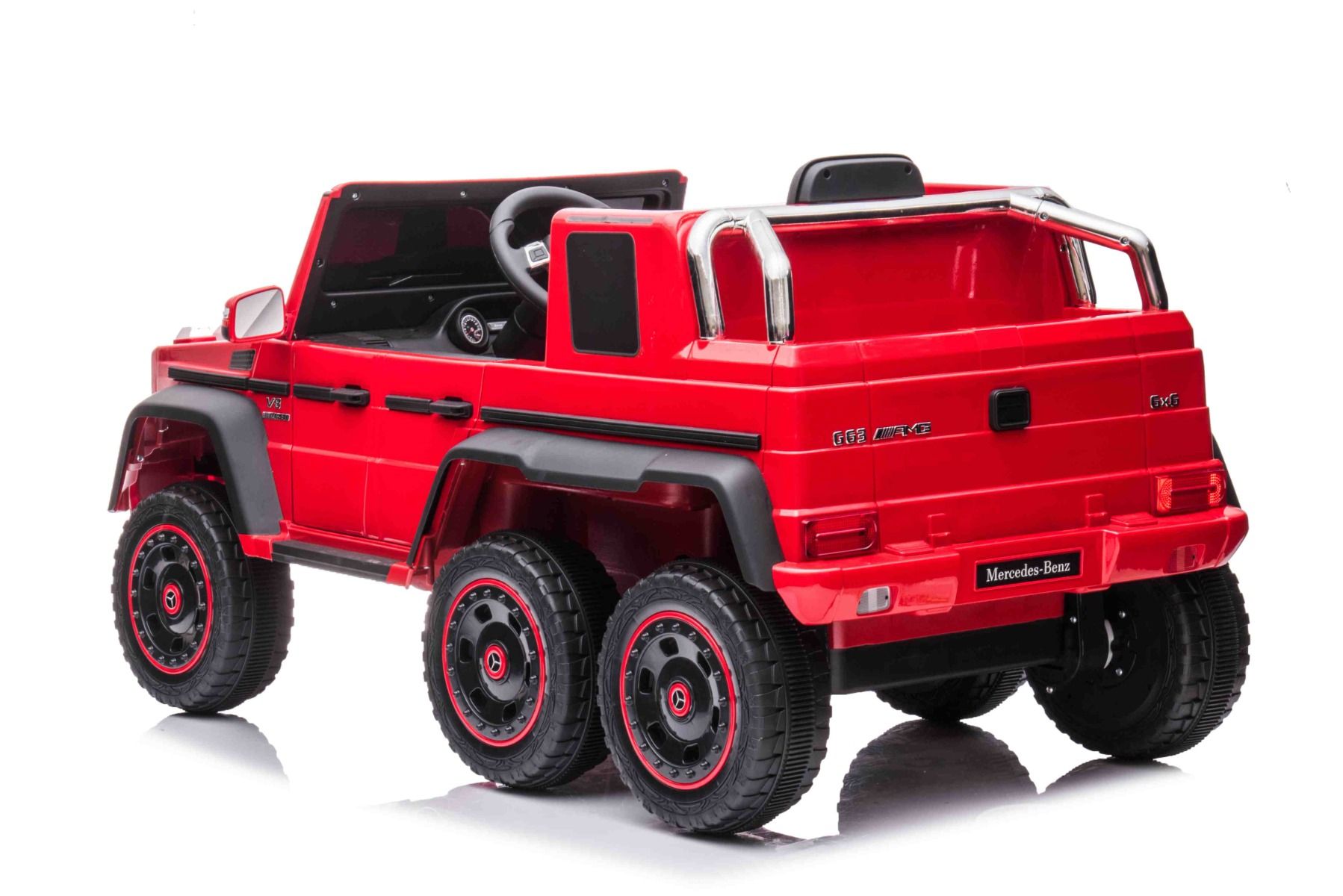 Elektro-Rutschauto Mercedes-Benz G63 AMG 6X6, Einsitzer, rot, 6 Räder mit Einzelradaufhängung, Antrieb 2 x 45-W-Motoren, 12V10AH-Batterie, Kunststoffräder und -sitz, Fernbedienung, lizenziert