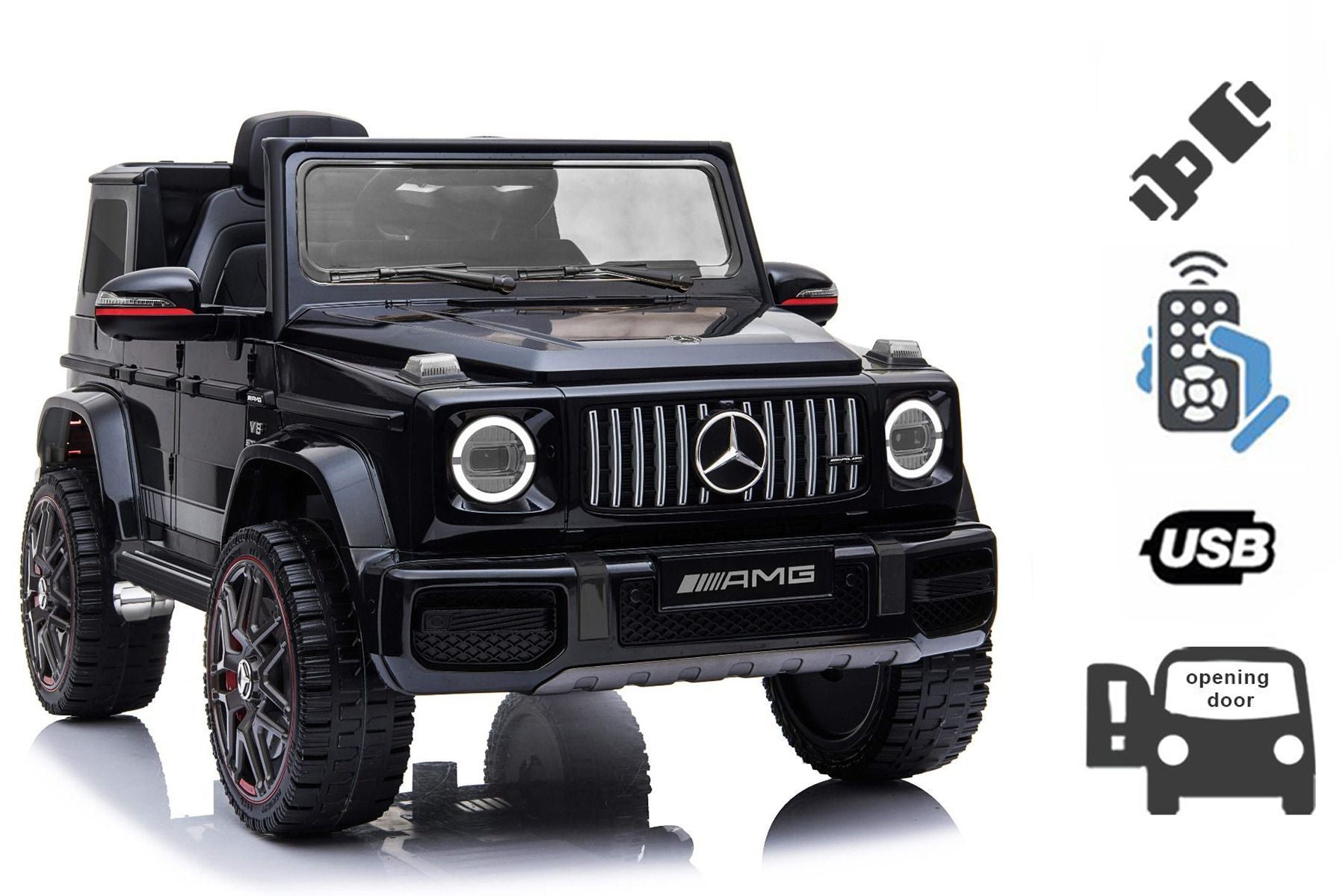 Elektroauto kinder Mercedes G Neu, Schwarz, Originallizenz, Batteriebetrieben, Türen öffnen, Einzelsitz, 2x Motor, 12 V Batterie, 2,4 GHz Fernbedienung, Hinterradfederung, Sanfter Start