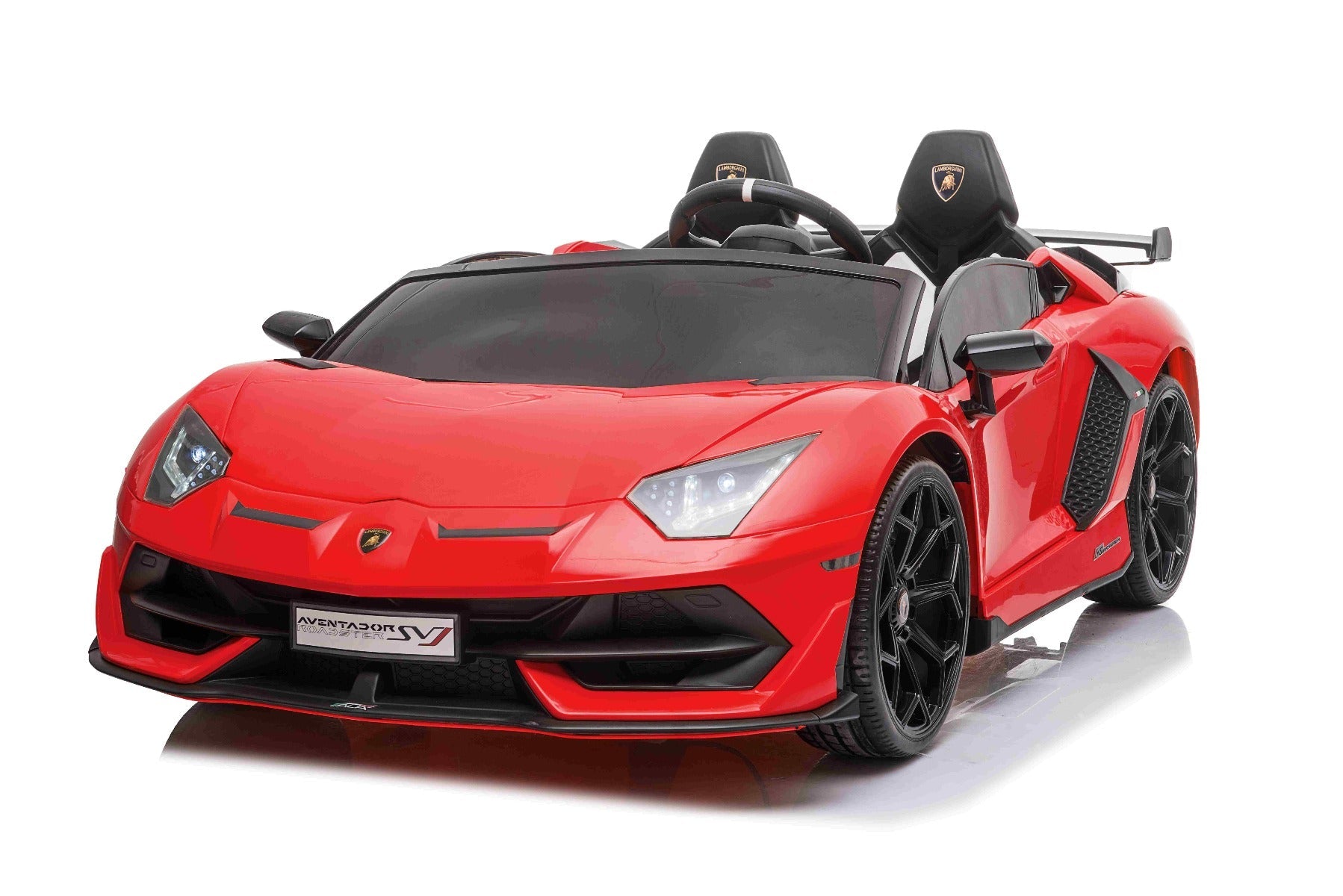 Elektroauto für Kinder Lamborghini Aventador 12V für zwei Benutzer, rot, vertikal öffnende Türen, 2 x 12V Motor, 12V Batterie, 2,4 GHz Fernbedienung, weiche EVA-Räder, Federung, Sanftanlauf, MP3-Player mit USB, Original lizenziert
